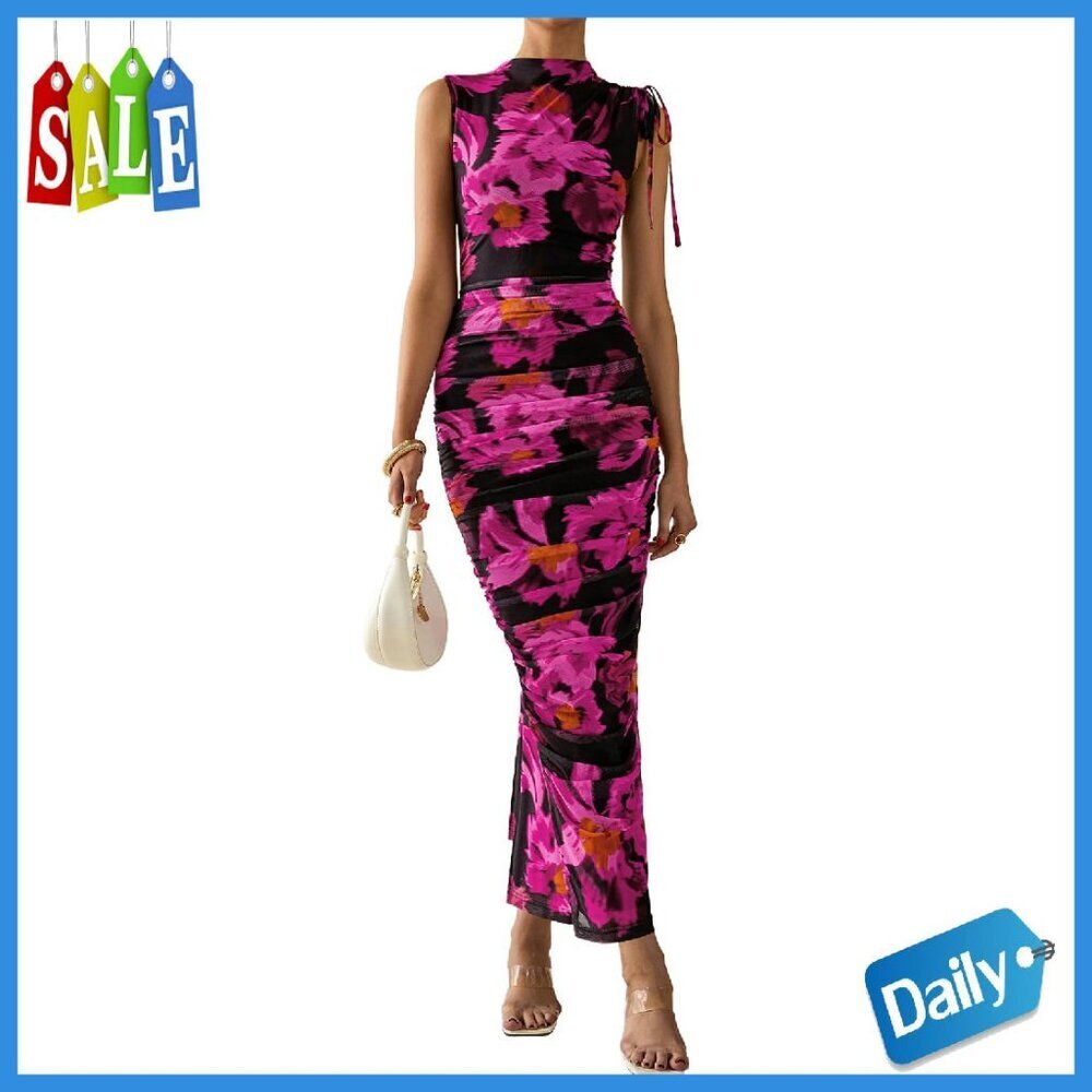 Women's Maxi Dress Ruched Bodycon Sleeveless Mesh Formal Cocktail